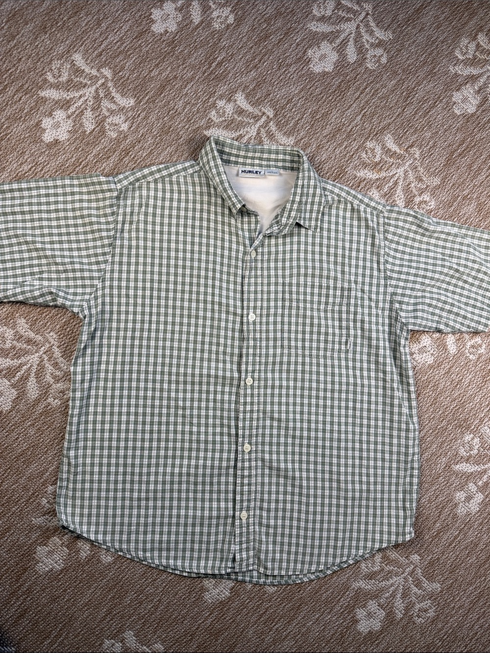 Hurley Men's Light Green & White Plaid Button-Down Shirt